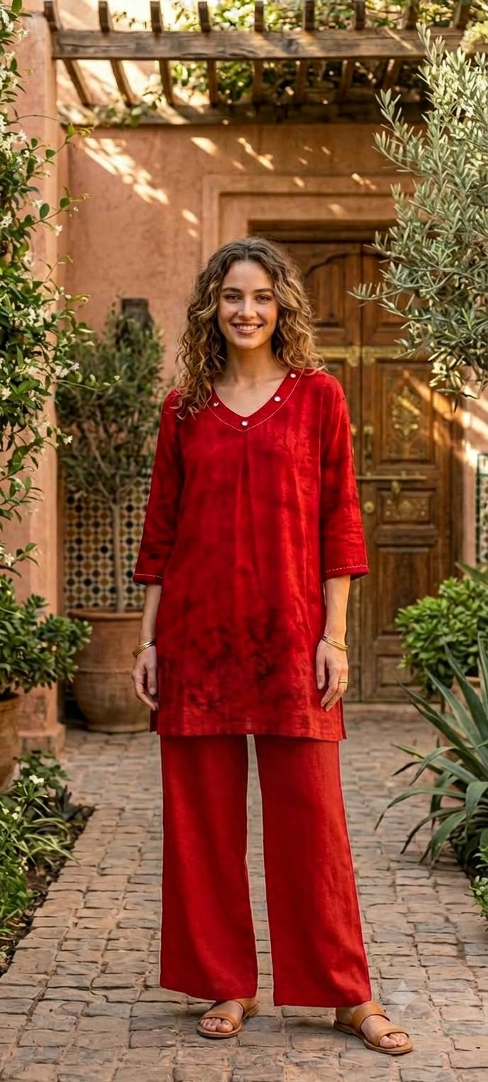 Tie-Dye Textured Kurta with Embroidered V-Neckline & Wide-Leg Pants Co-Ord Set- 16561