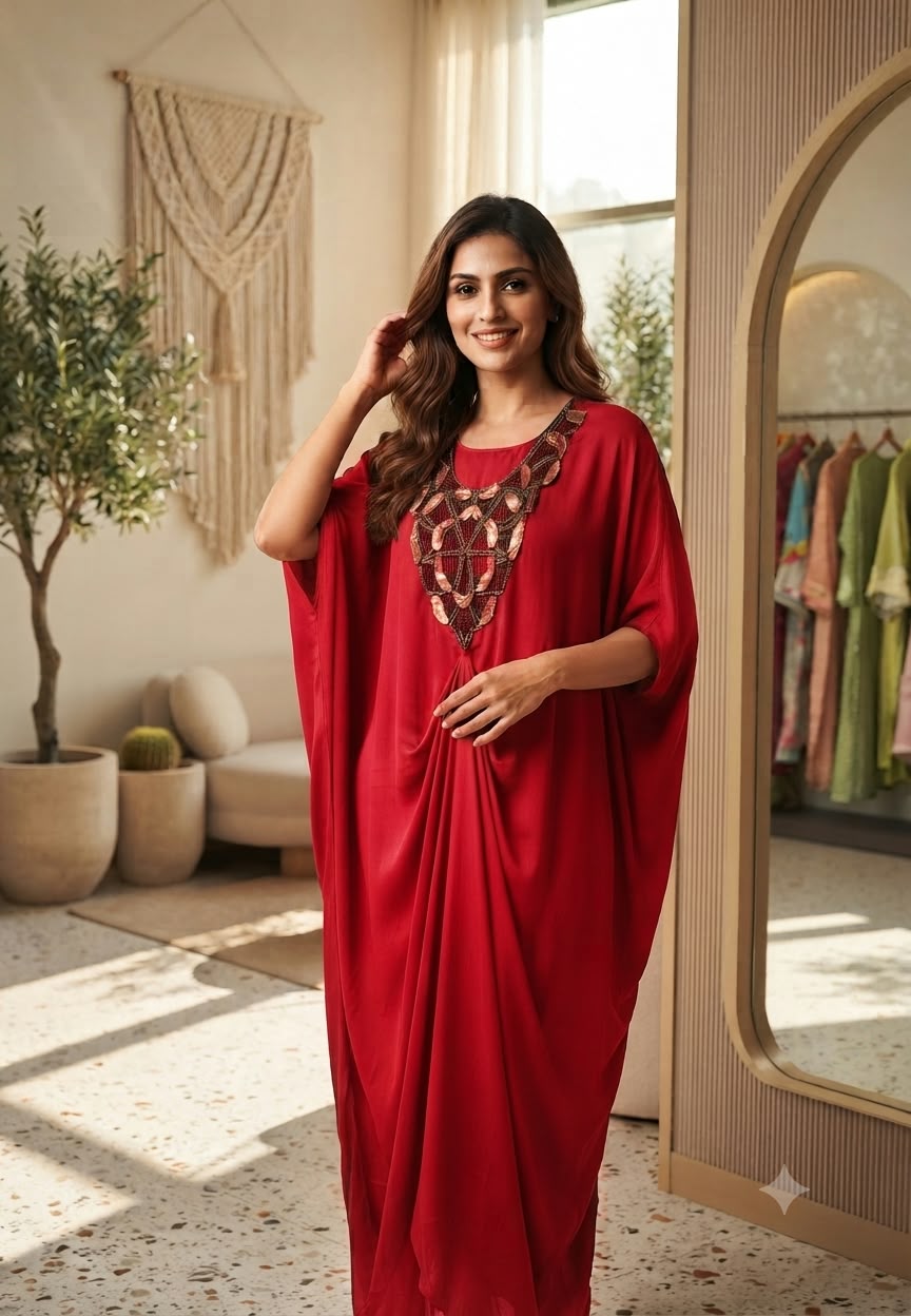 Elegant Kaftan Style Indo-Dress with Gold Hand-Embellished Neckline & Cinch Detailing- 16539
