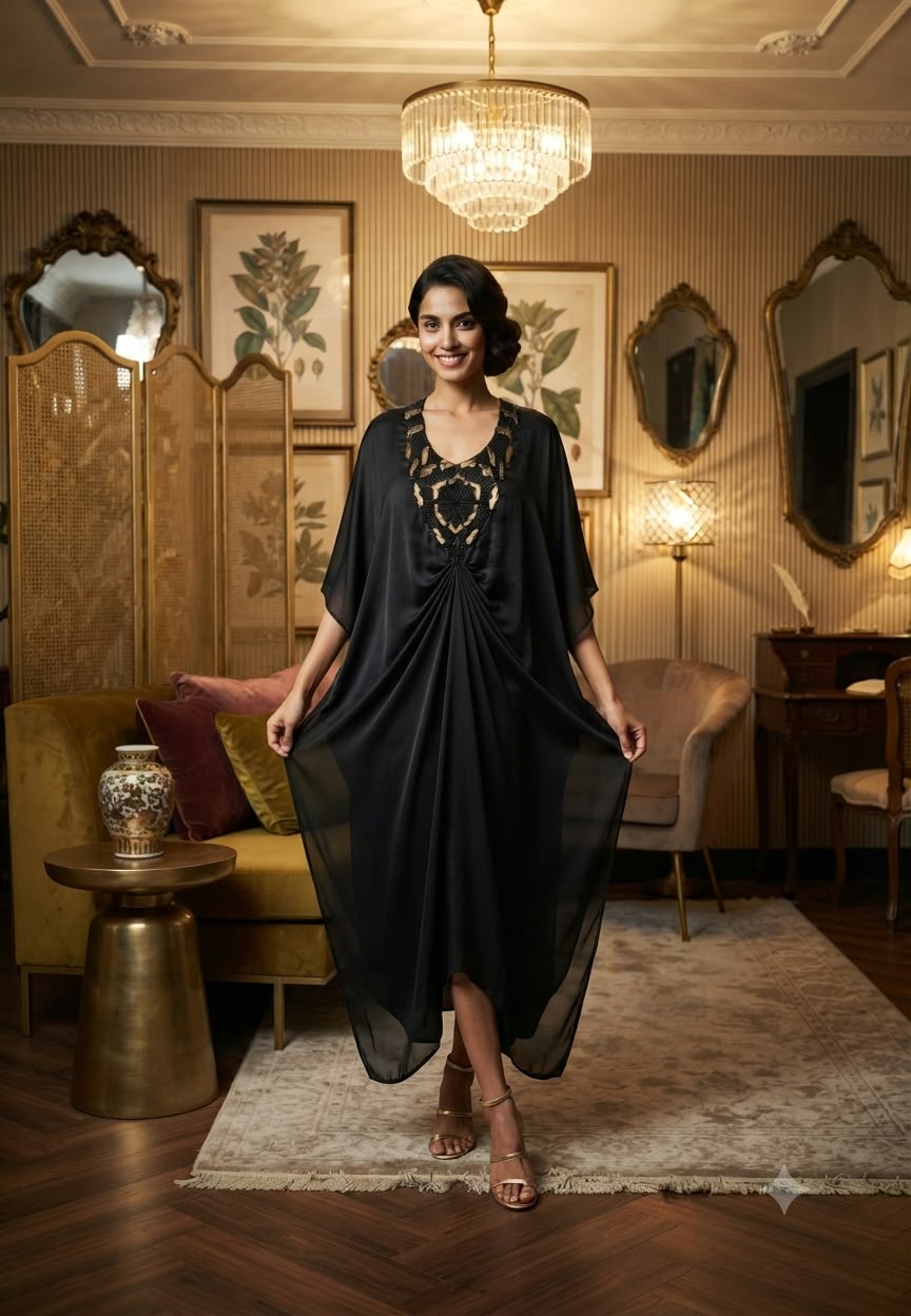 Elegant Kaftan Style Indo-Dress with Gold Hand-Embellished Neckline & Cinch Detailing- 16539