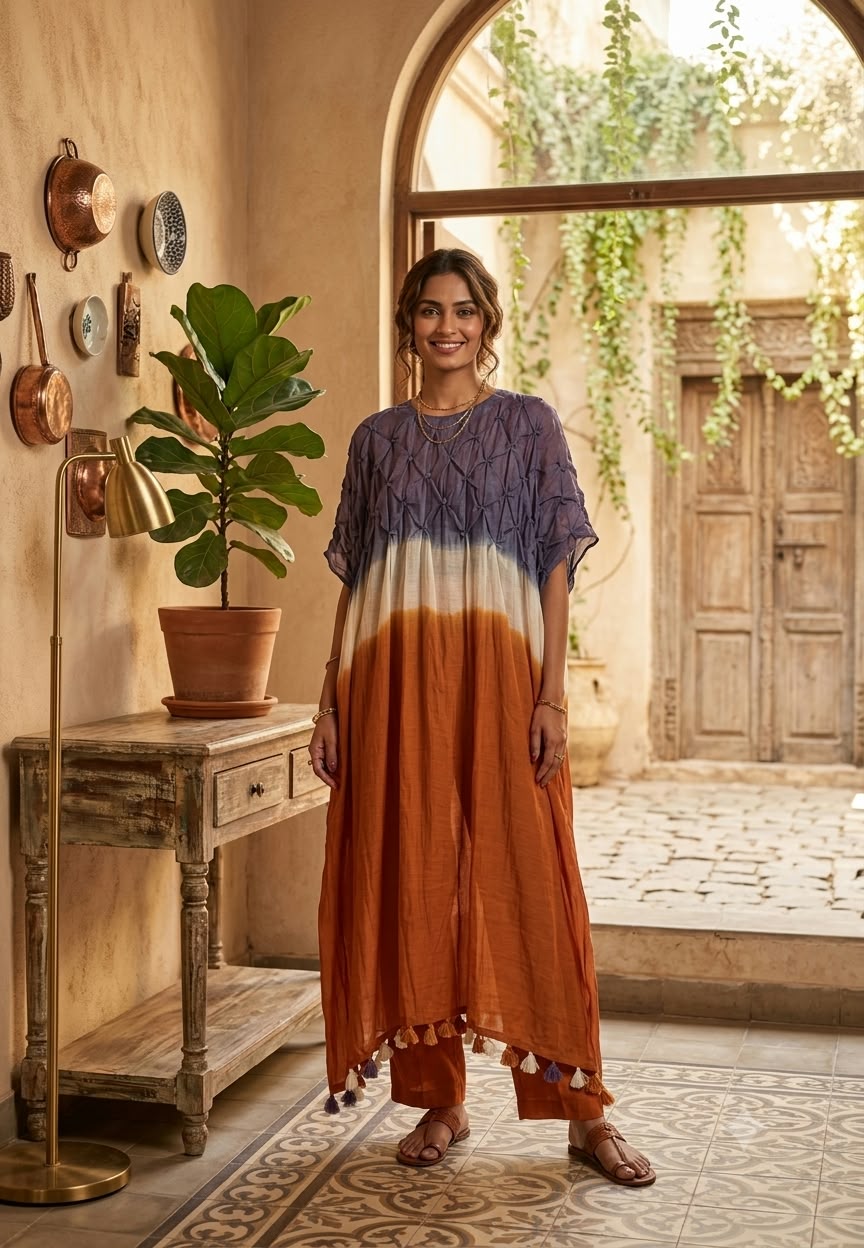 Dual-Tone Smocked Ombre Kaftan Kurta with Tasseled Hem & Matching Straight Pant Set- 16541