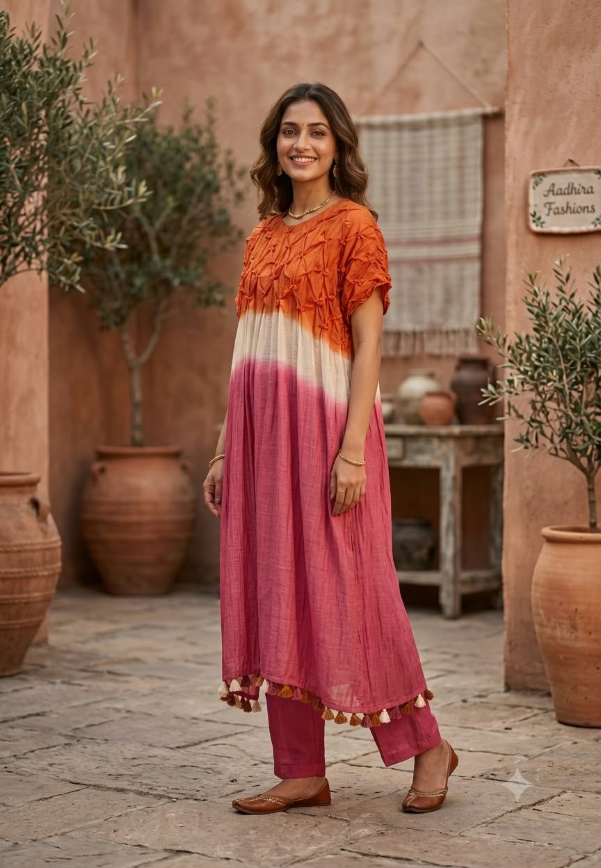 Dual-Tone Smocked Ombre Kaftan Kurta with Tasseled Hem & Matching Straight Pant Set- 16541