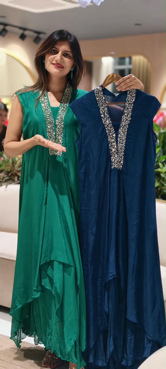 Elegant Cut-Dana V-Neckline Short Sleeve Inner Style Solid Indo-Wear In Chinon Fabric- 16540