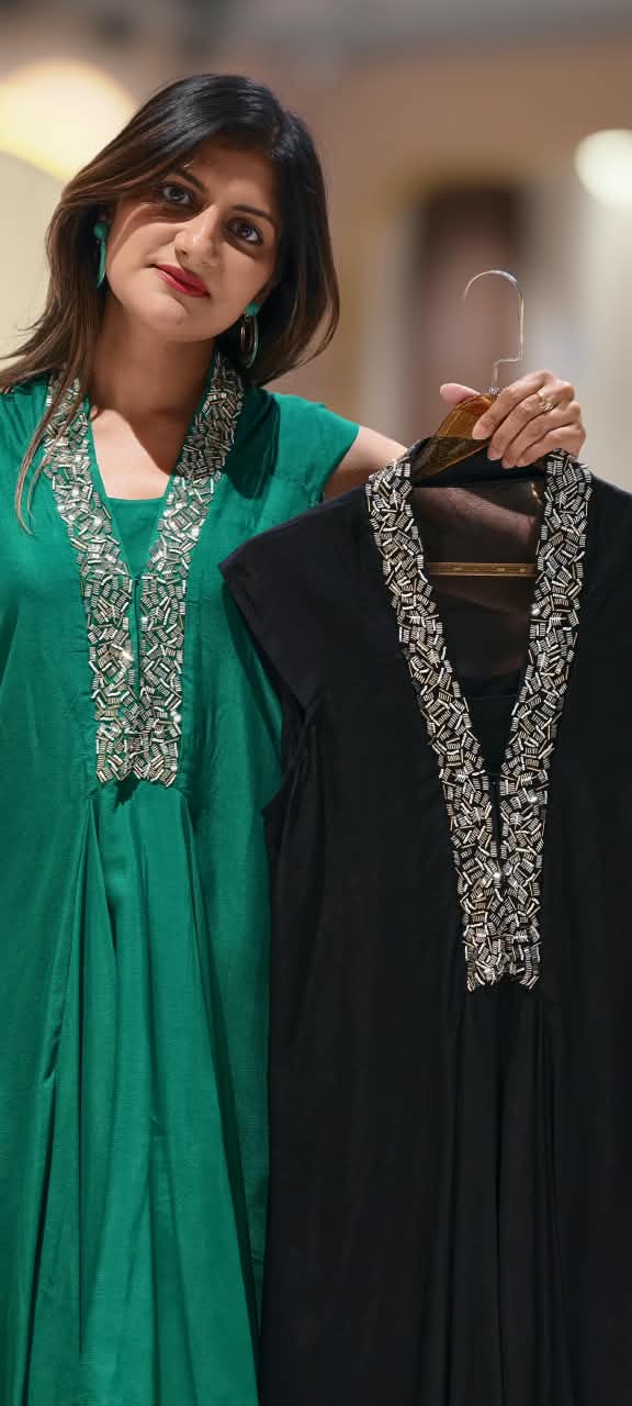 Elegant Cut-Dana V-Neckline Short Sleeve Inner Style Solid Indo-Wear In Chinon Fabric- 16540
