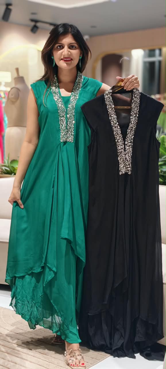 Elegant Cut-Dana V-Neckline Short Sleeve Inner Style Solid Indo-Wear In Chinon Fabric- 16540