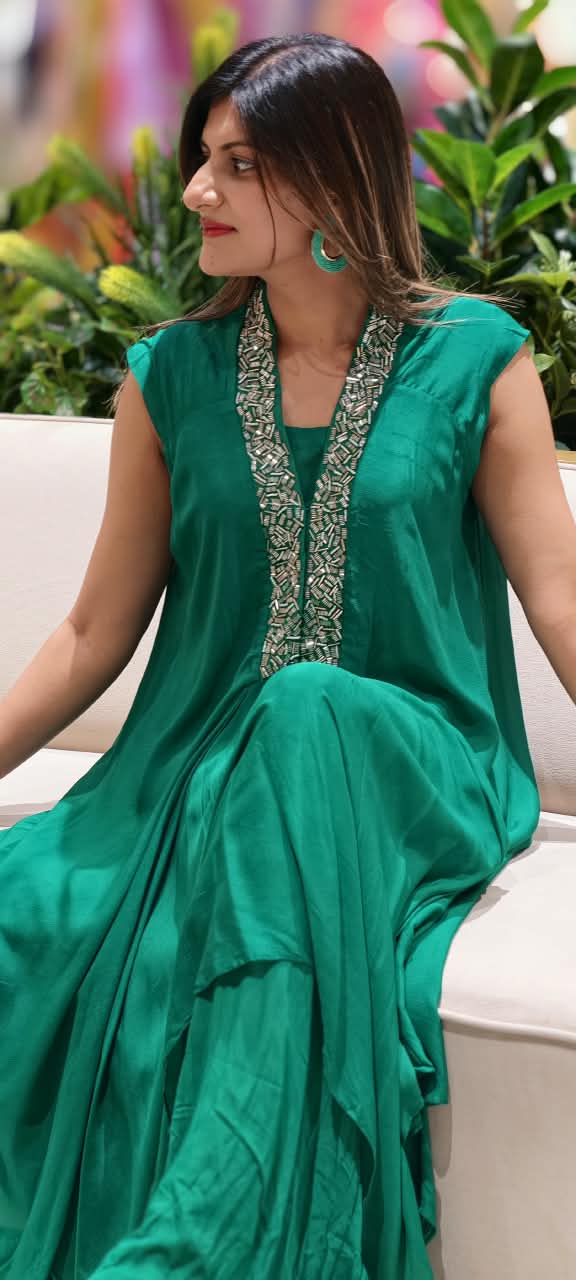 Elegant Cut-Dana V-Neckline Short Sleeve Inner Style Solid Indo-Wear In Chinon Fabric- 16540