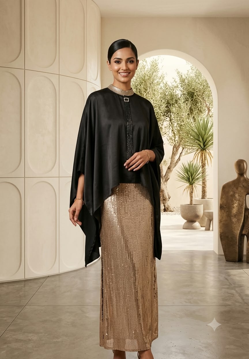 Mid-Night Glam High-Low Upper With Glittery Straight Fit Skirt & Beaded Stylish Neckpiece- 16256