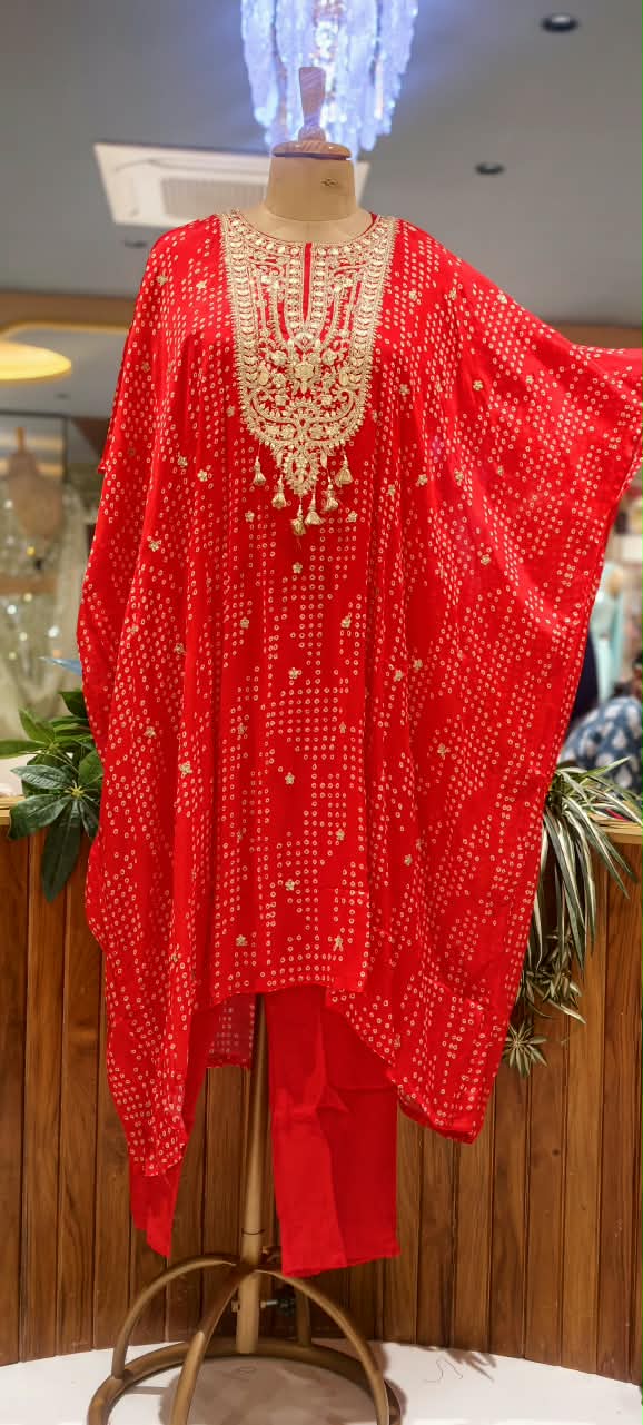 Bandhani Printed Kaftan Featuring Intricate Gota & Thread Embroidered Yoke With Matching Bottom- 16599