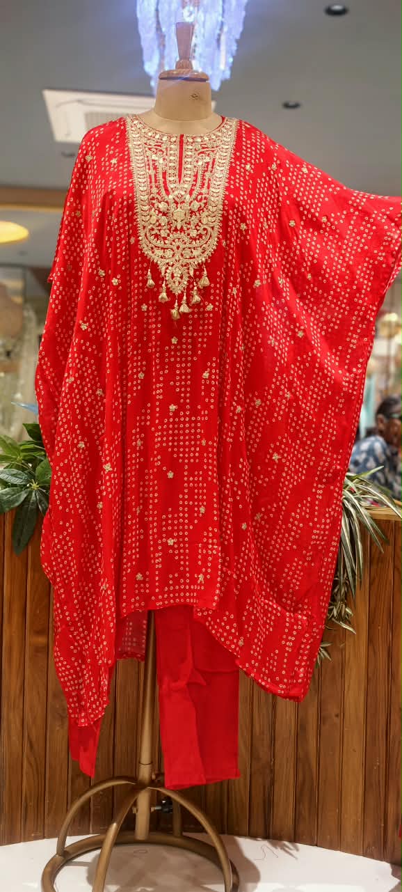 Bandhani Printed Kaftan Featuring Intricate Gota & Thread Embroidered Yoke With Matching Bottom- 16599