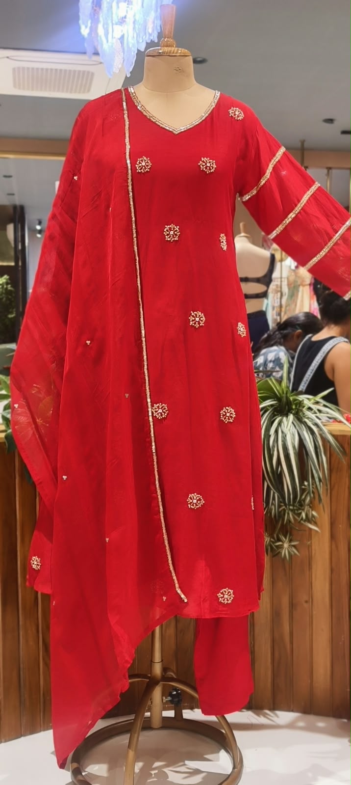 Crimson Red A-Line Full Suit Set with Floral Booti Sequins Work & Embroidered V-Neckline- 16587
