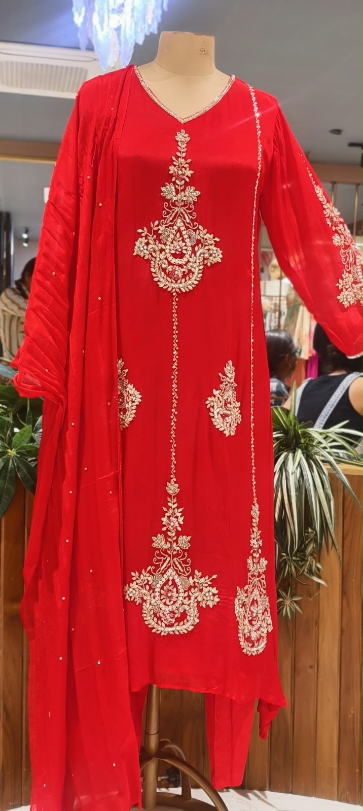 Red Chinon Kalidar A-Line Full Suit Set Featuring Vertical Embroidered Panels & Paisley Motif Work- 16569