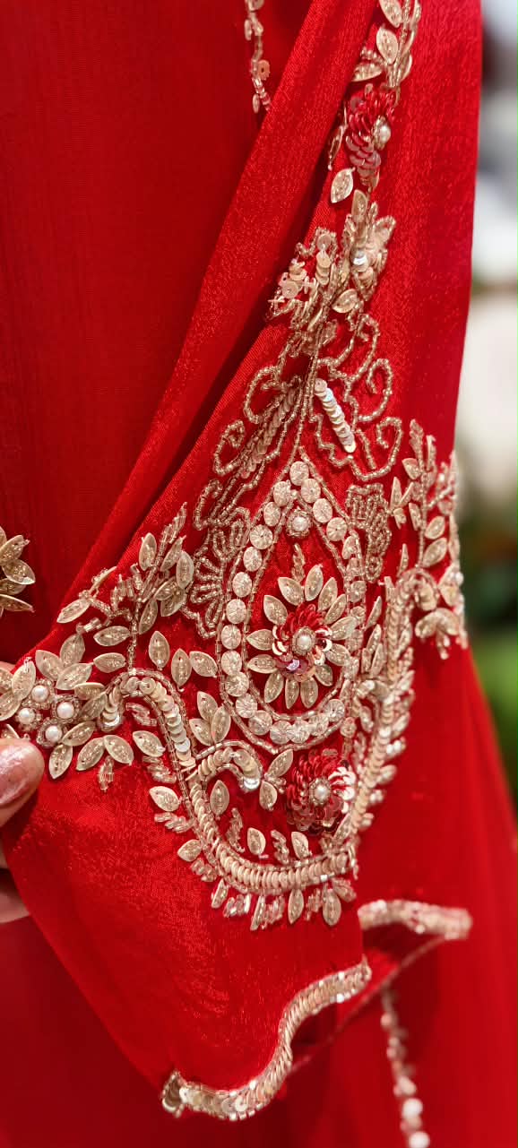 Red Chinon Kalidar A-Line Full Suit Set Featuring Vertical Embroidered Panels & Paisley Motif Work- 16569