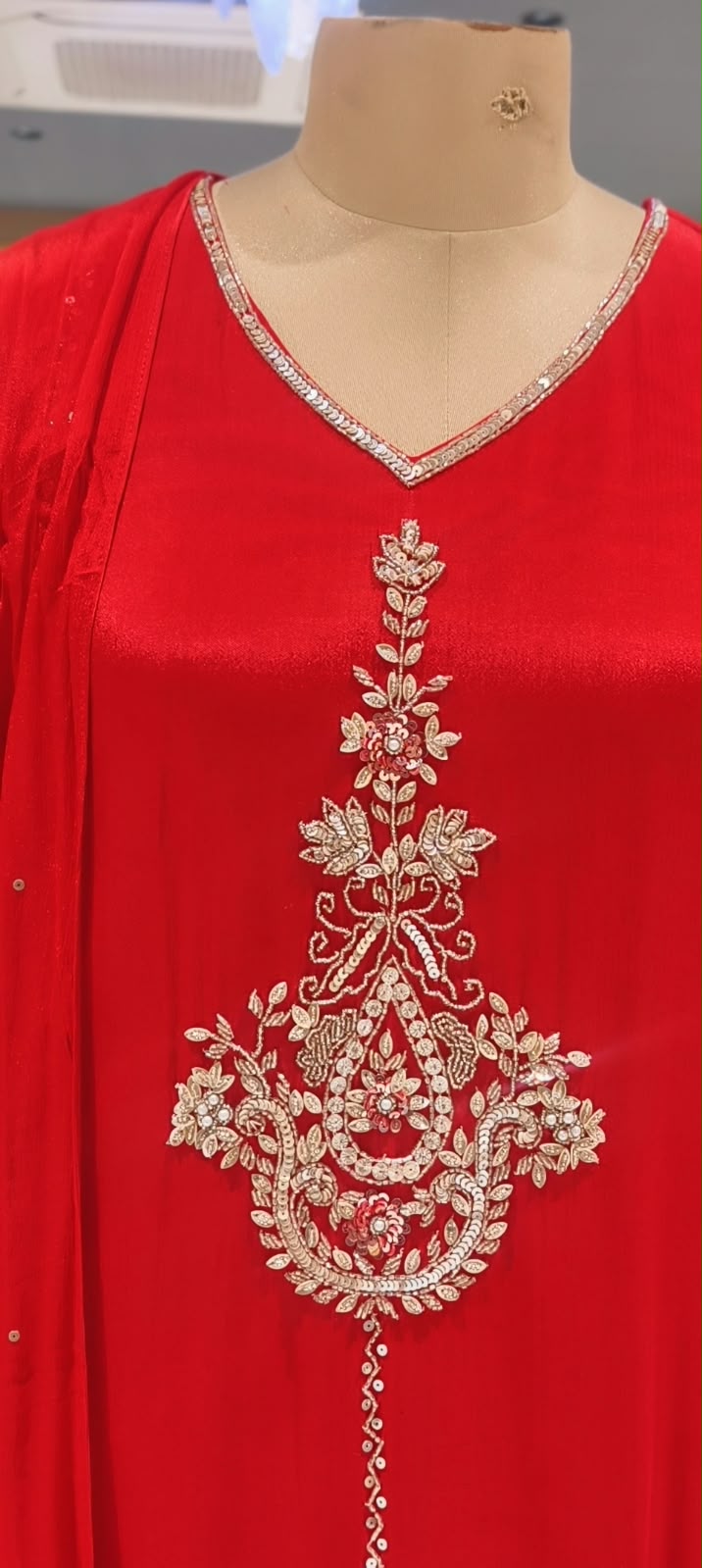 Red Chinon Kalidar A-Line Full Suit Set Featuring Vertical Embroidered Panels & Paisley Motif Work- 16569