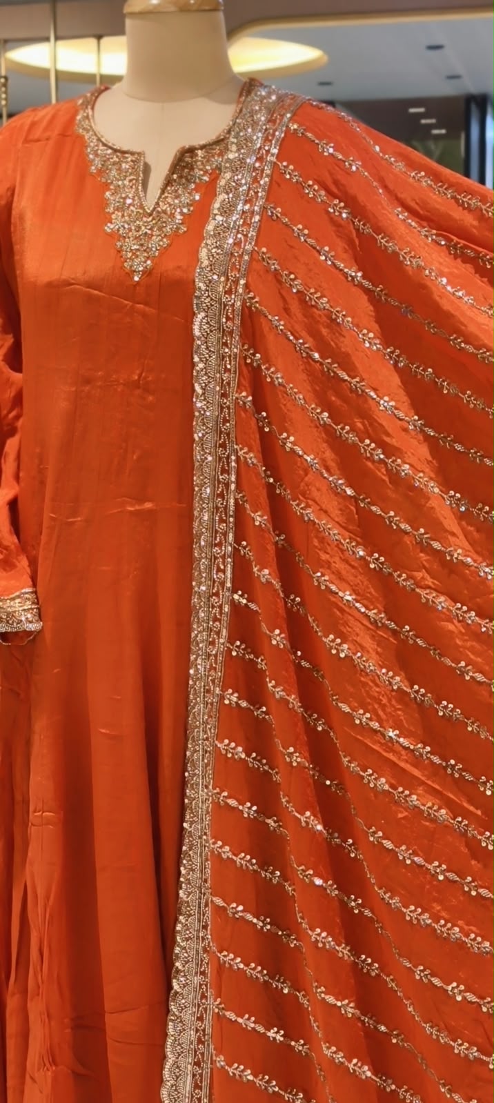 Vibrant Red Georgette Anarkali Full Suit Set with Zardozi Embroidered Neckline & Heavy Hand-Embellished Border Dupatta- 16629