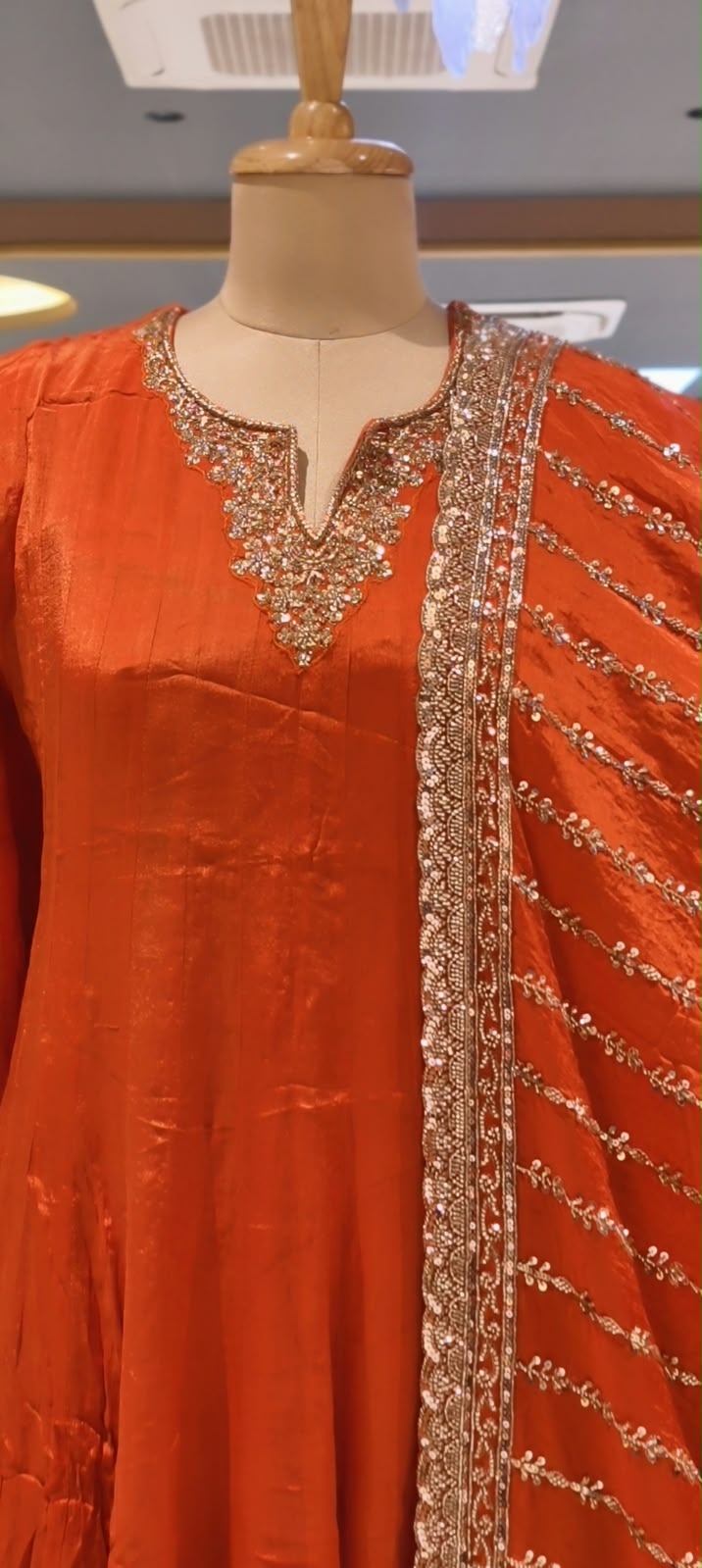 Vibrant Red Georgette Anarkali Full Suit Set with Zardozi Embroidered Neckline & Heavy Hand-Embellished Border Dupatta- 16629