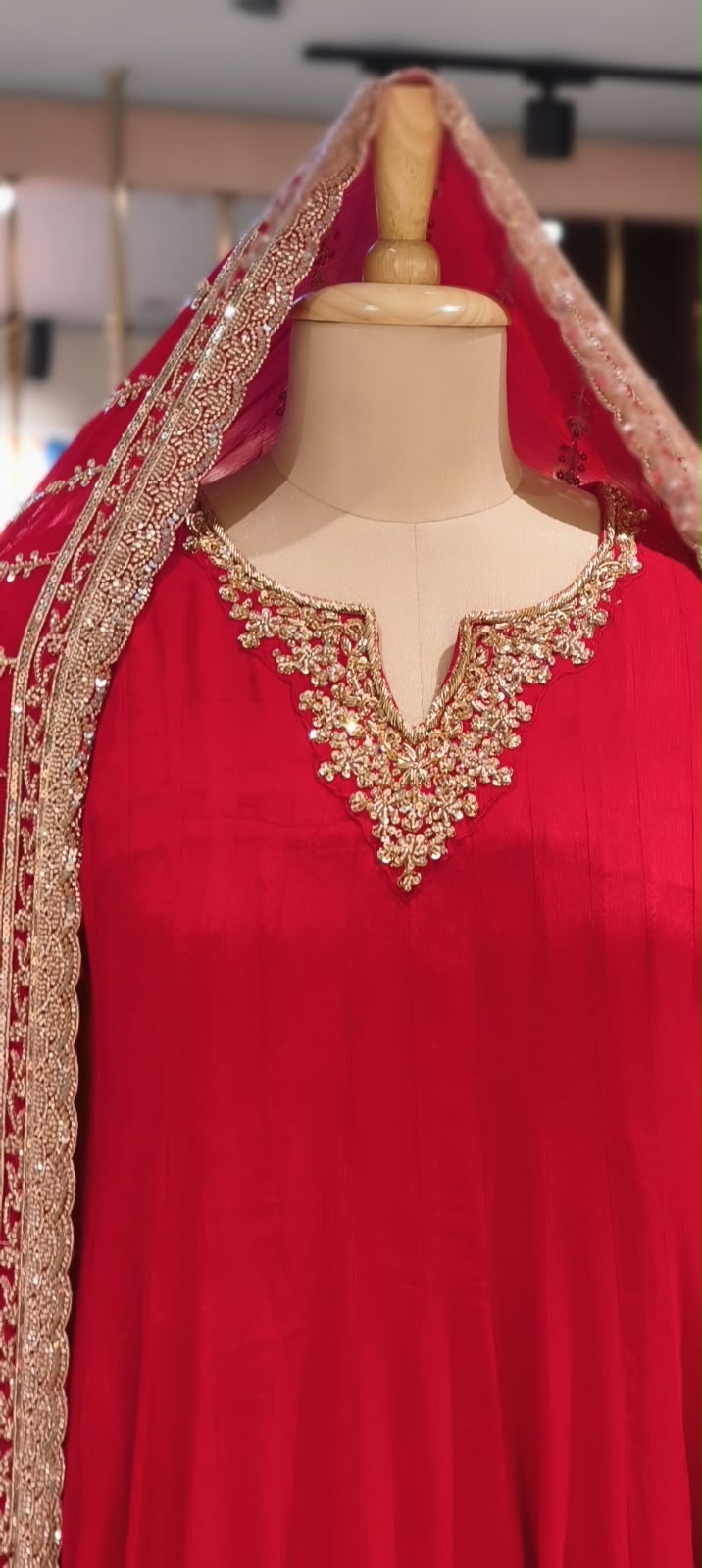 Vibrant Red Georgette Anarkali Full Suit Set with Zardozi Embroidered Neckline & Heavy Hand-Embellished Border Dupatta- 16629
