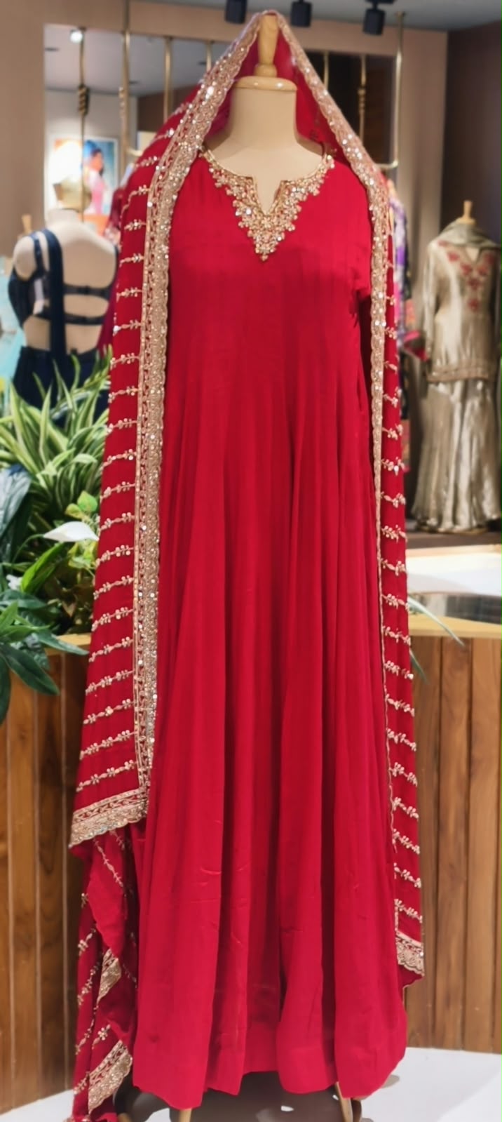 Vibrant Red Georgette Anarkali Full Suit Set with Zardozi Embroidered Neckline & Heavy Hand-Embellished Border Dupatta- 16629