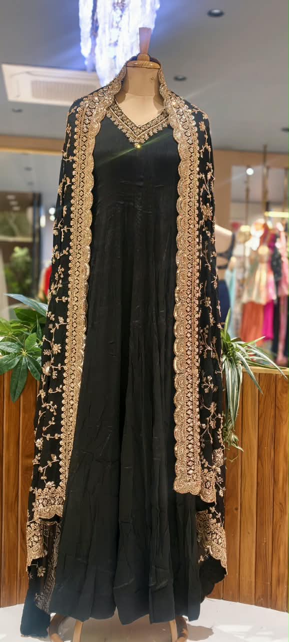 Premium Chinon Floral Sequin Scalloped Bordered Heavy Flared Anarkali Suit With Matching Dupatta- 16623