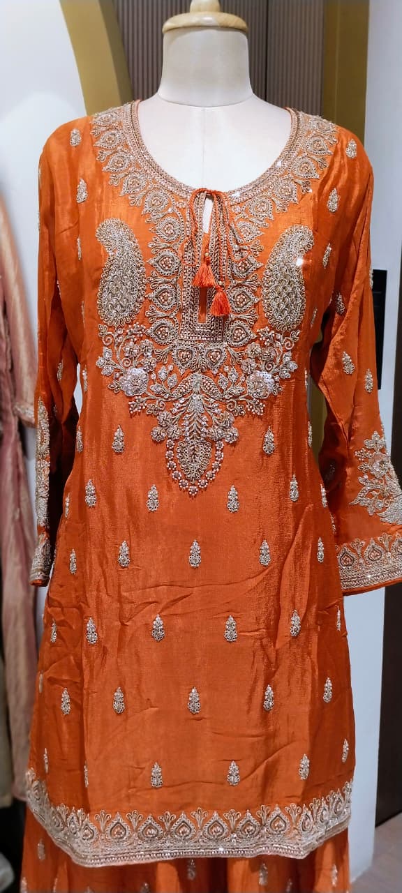 Paisley Kalka Motif Zardozi Festive Elegance Hand-Embroidered Short Length Chinon Kurta With Matching Flared Bottom & Dupatta- 16618