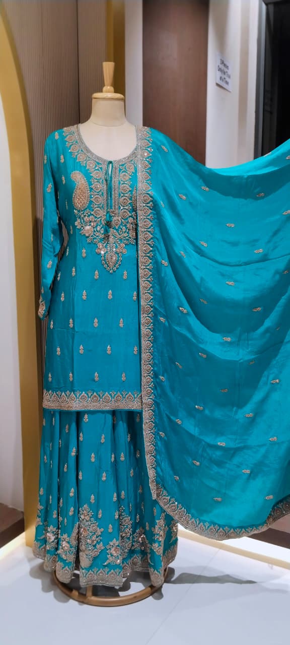 Paisley Kalka Motif Zardozi Festive Elegance Hand-Embroidered Short Length Chinon Kurta With Matching Flared Bottom & Dupatta- 16618
