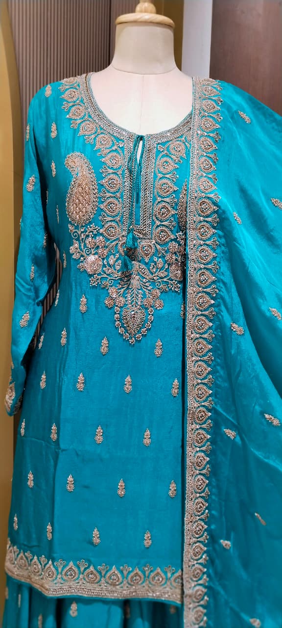 Paisley Kalka Motif Zardozi Festive Elegance Hand-Embroidered Short Length Chinon Kurta With Matching Flared Bottom & Dupatta- 16618