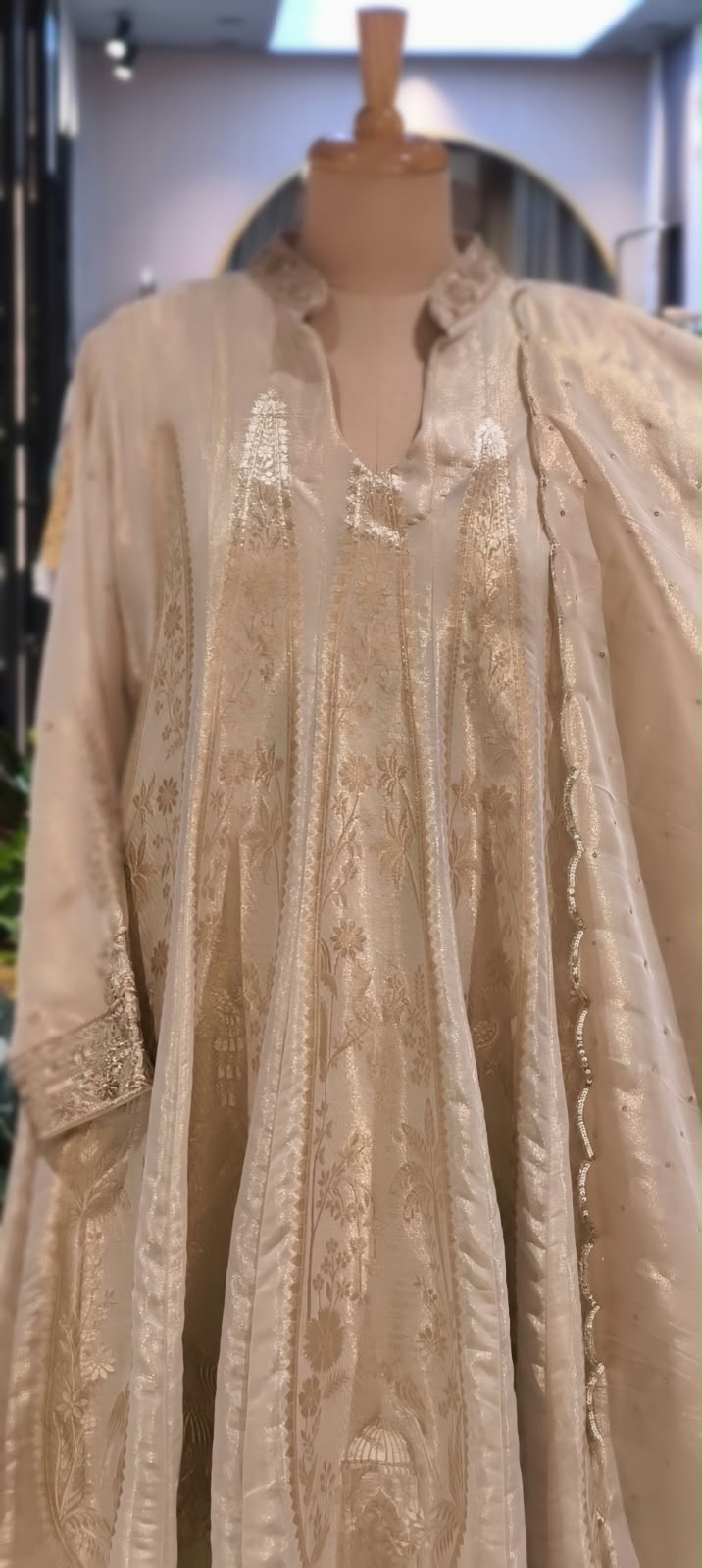 Ivory & Gold Tissue Silk Kalidar Premium Tissue Anarkali Full Suit Set with Heavily Marodi Embellished Dupatta- 16628