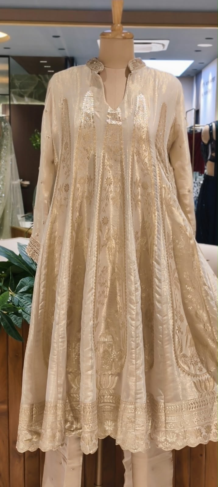 Ivory & Gold Tissue Silk Kalidar Premium Tissue Anarkali Full Suit Set with Heavily Marodi Embellished Dupatta- 16628