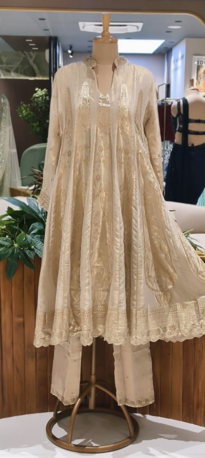 Ivory & Gold Tissue Silk Kalidar Premium Tissue Anarkali Full Suit Set with Heavily Marodi Embellished Dupatta- 16628