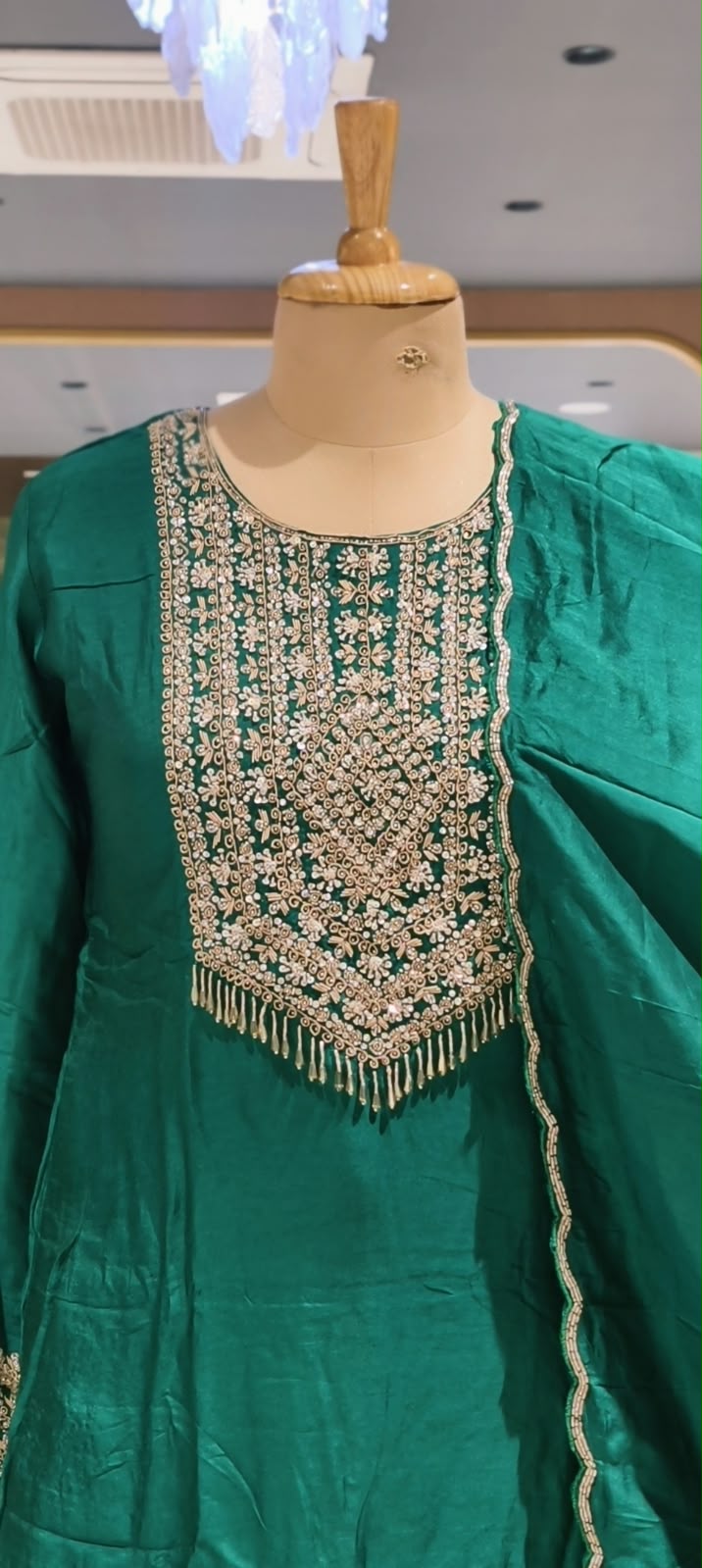 Pittan Work Hand-Embroidered Beaded Fringe Yoke Short Kurta With Farshi Bottom & Matching Dupatta- 16624