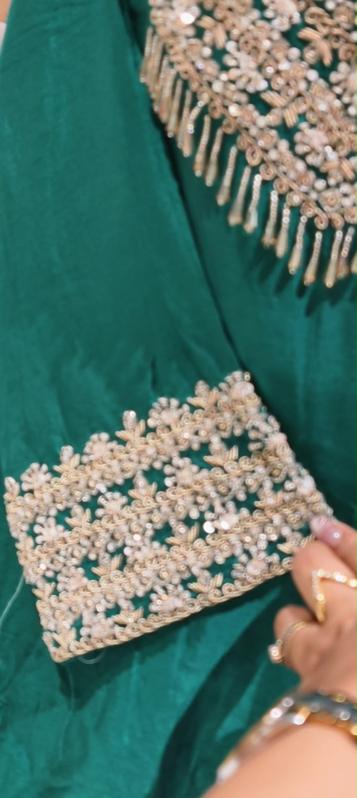 Pittan Work Hand-Embroidered Beaded Fringe Yoke Short Kurta With Farshi Bottom & Matching Dupatta- 16624