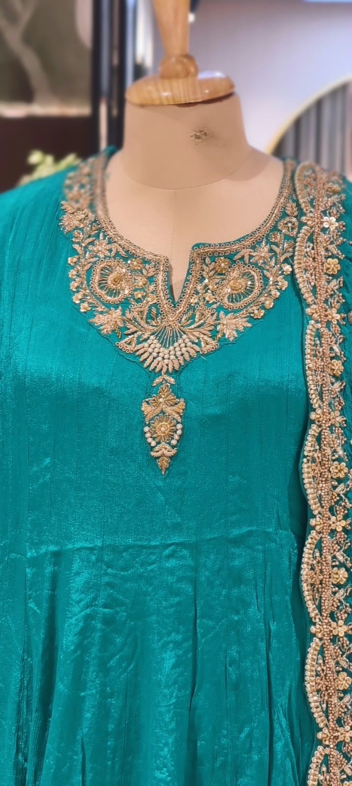Traditional Gold Metallic Hand Embellished Chinon Panel Anarkali Suit With Dense Scalloped Cutwork Dupatta- 16617