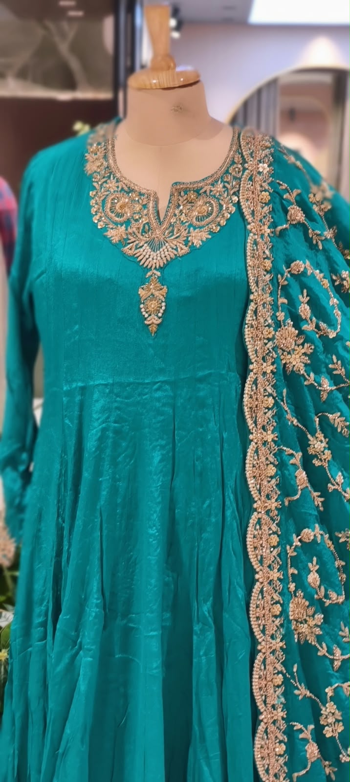 Traditional Gold Metallic Hand Embellished Chinon Panel Anarkali Suit With Dense Scalloped Cutwork Dupatta- 16617