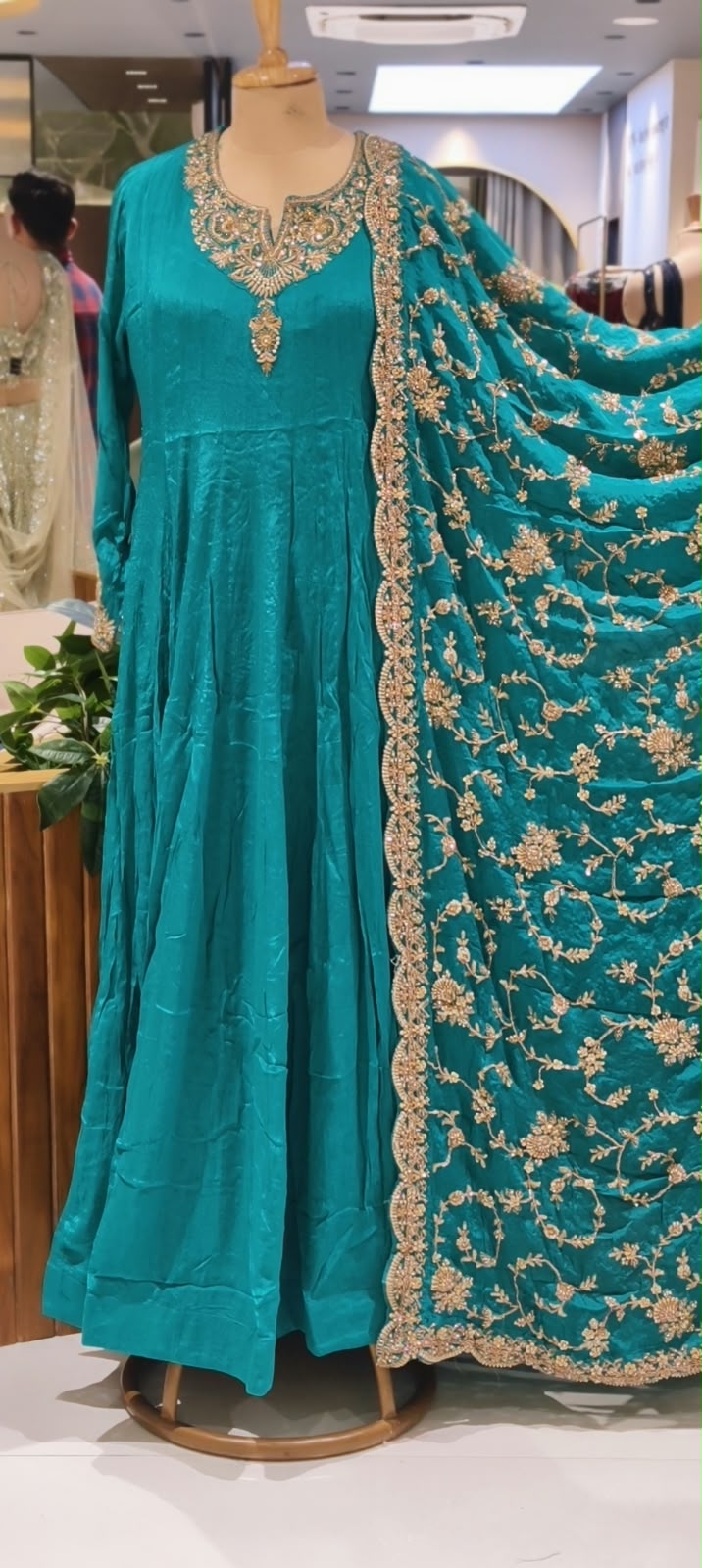 Traditional Gold Metallic Hand Embellished Chinon Panel Anarkali Suit With Dense Scalloped Cutwork Dupatta- 16617