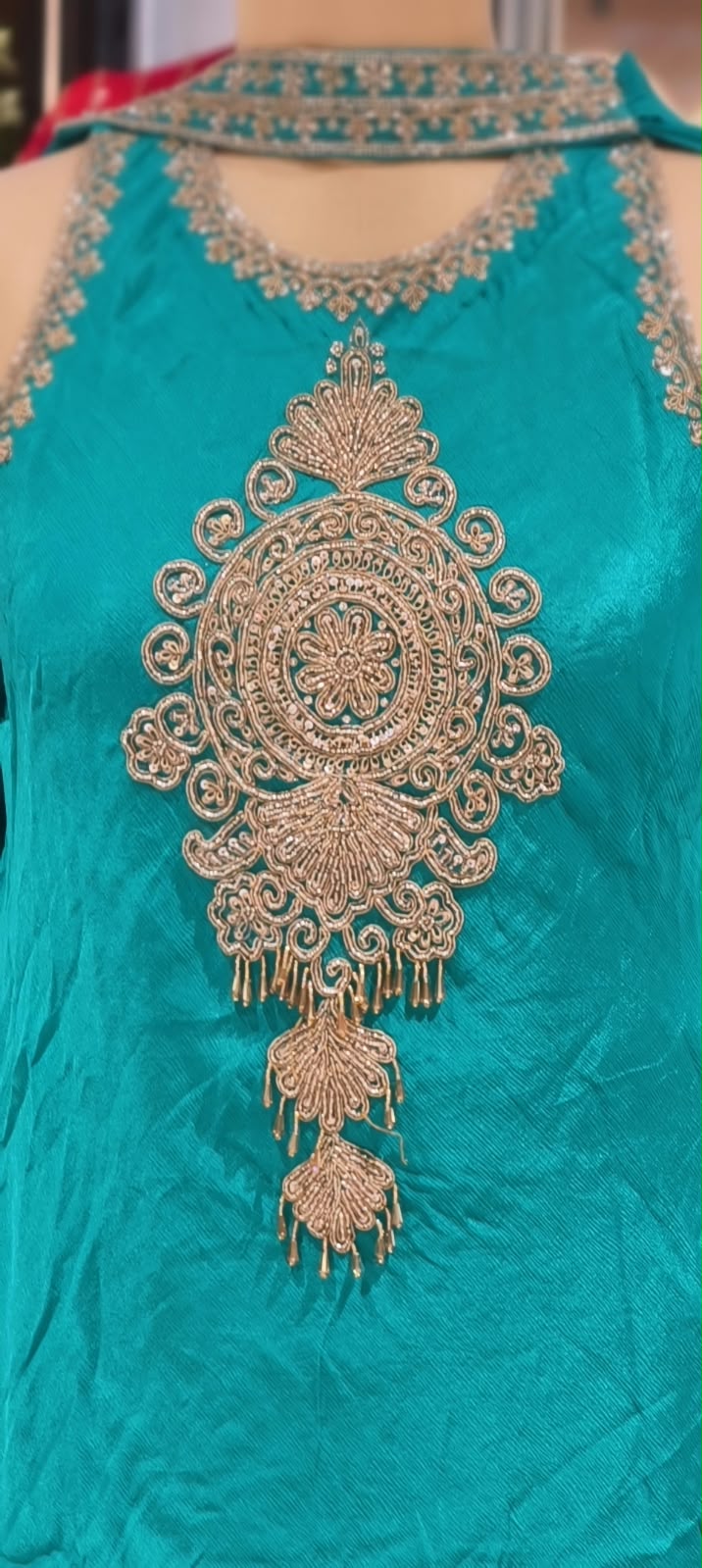 Fine Metallic Thread Embroidery Central Medallion Motif Sleeveless Chinon Indo-Wear Kurta With Matching Flared Bottom & Chowker Dupatta- 16635