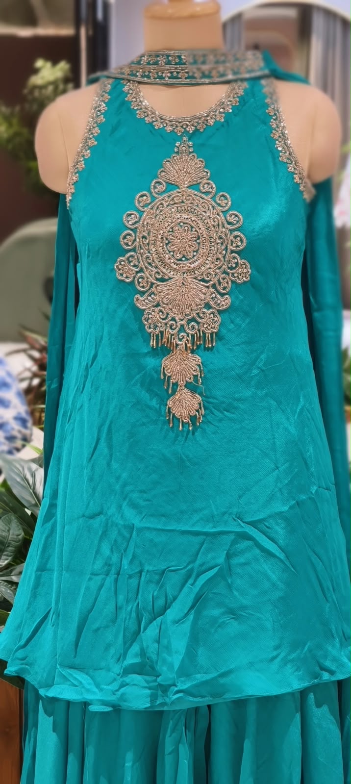 Fine Metallic Thread Embroidery Central Medallion Motif Sleeveless Chinon Indo-Wear Kurta With Matching Flared Bottom & Chowker Dupatta- 16635