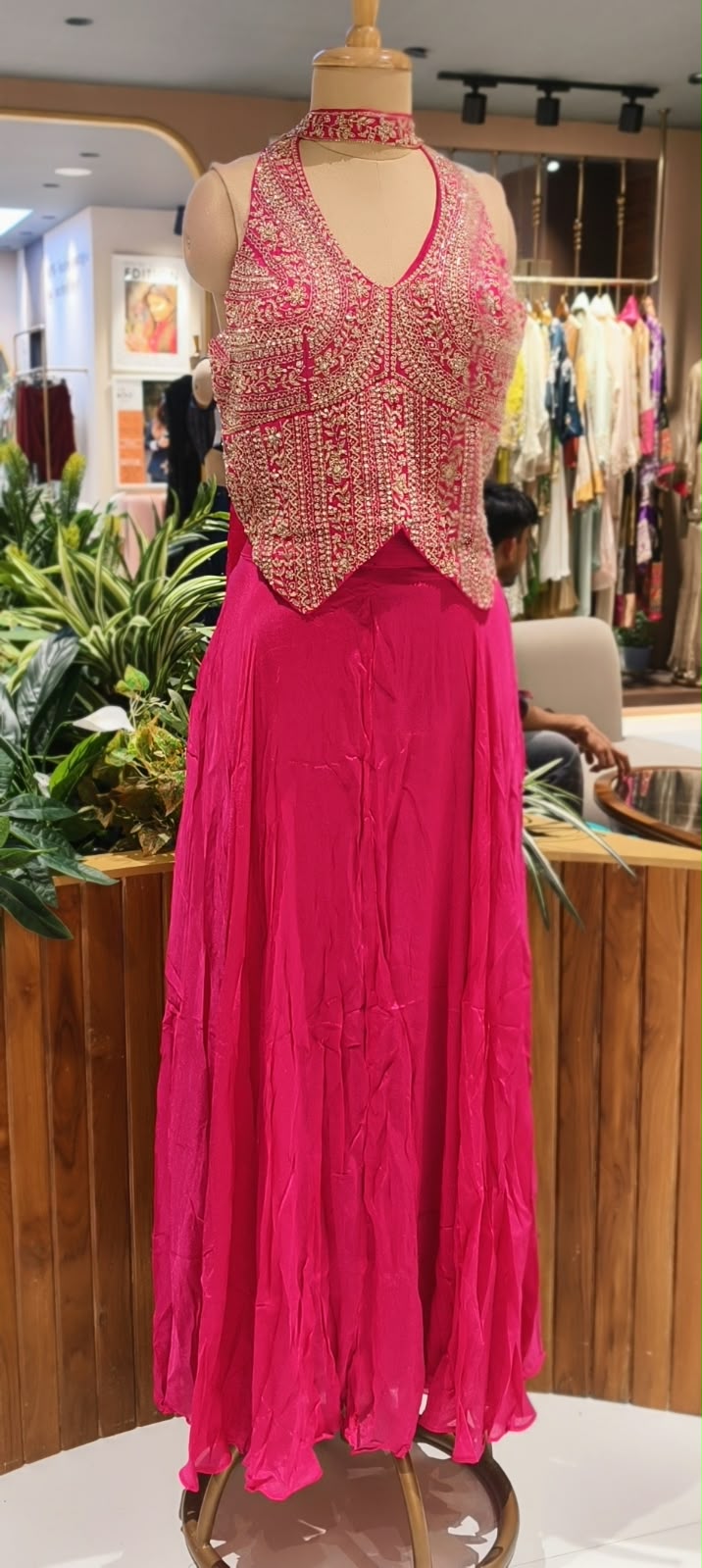 Sequin & Cut-Dana Handwork Encrusted Halter Neck Crop Top with Flowy Chinon Flared Palazzo Bottom & Chowker Dupatta- 16622
