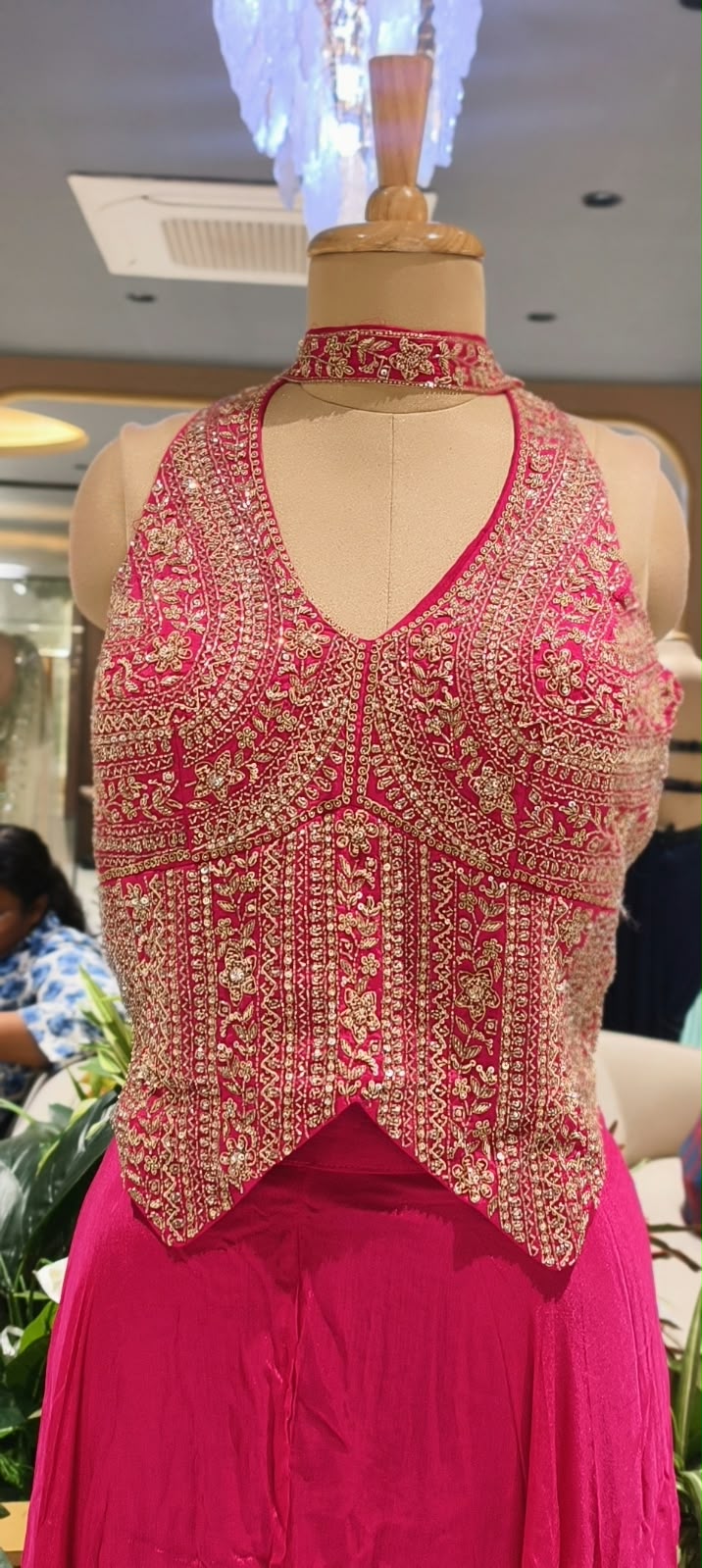 Sequin & Cut-Dana Handwork Encrusted Halter Neck Crop Top with Flowy Chinon Flared Palazzo Bottom & Chowker Dupatta- 16622
