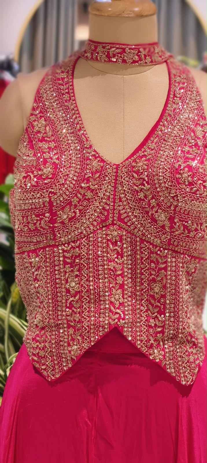 Sequin & Cut-Dana Handwork Encrusted Halter Neck Crop Top with Flowy Chinon Flared Palazzo Bottom & Chowker Dupatta- 16622