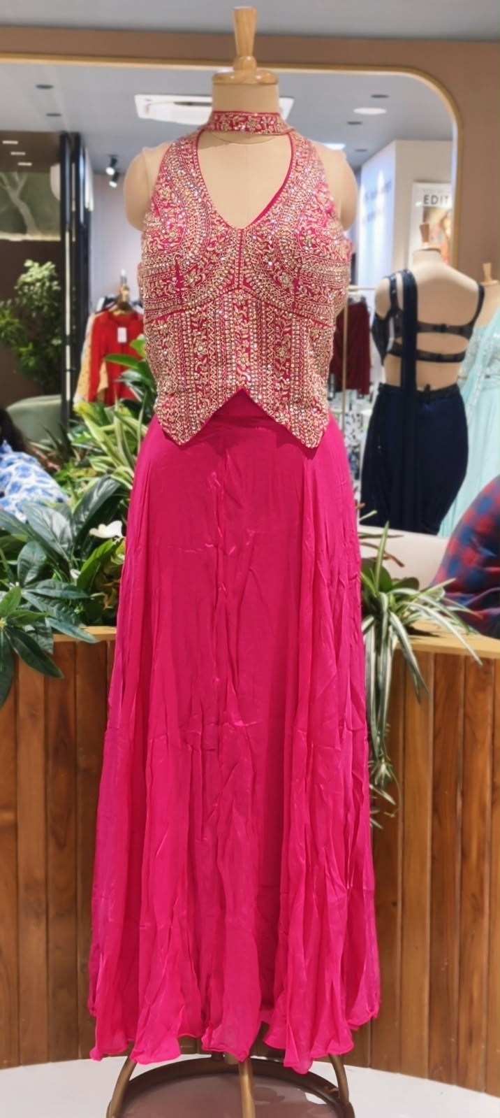 Sequin & Cut-Dana Handwork Encrusted Halter Neck Crop Top with Flowy Chinon Flared Palazzo Bottom & Chowker Dupatta- 16622