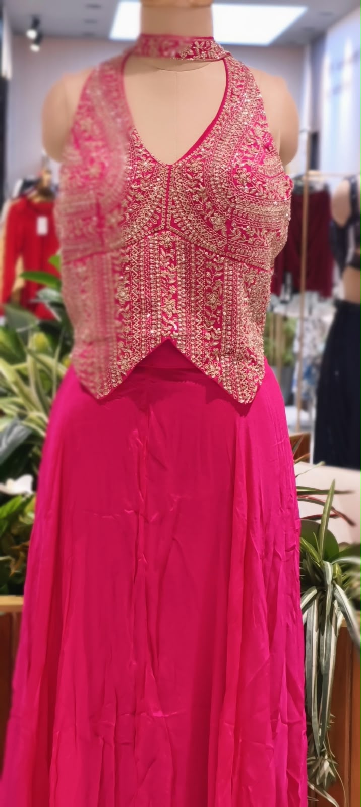 Sequin & Cut-Dana Handwork Encrusted Halter Neck Crop Top with Flowy Chinon Flared Palazzo Bottom & Chowker Dupatta- 16622