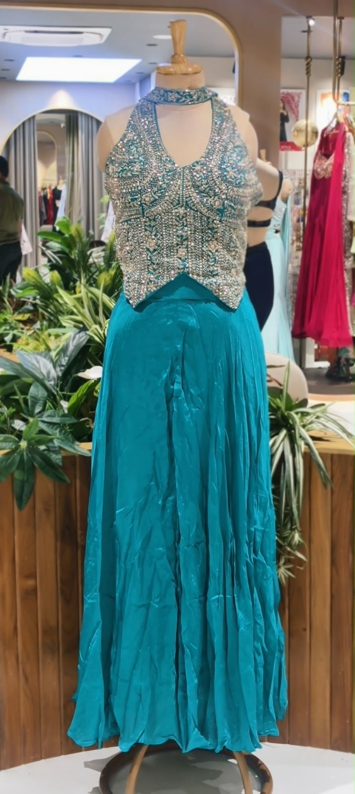 Sequin & Cut-Dana Handwork Encrusted Halter Neck Crop Top with Flowy Chinon Flared Palazzo Bottom & Chowker Dupatta- 16622