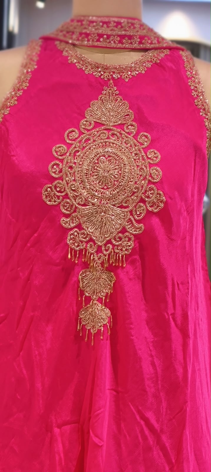 Fine Metallic Thread Embroidery Central Medallion Motif Sleeveless Chinon Indo-Wear Kurta With Matching Flared Bottom & Chowker Dupatta- 16635