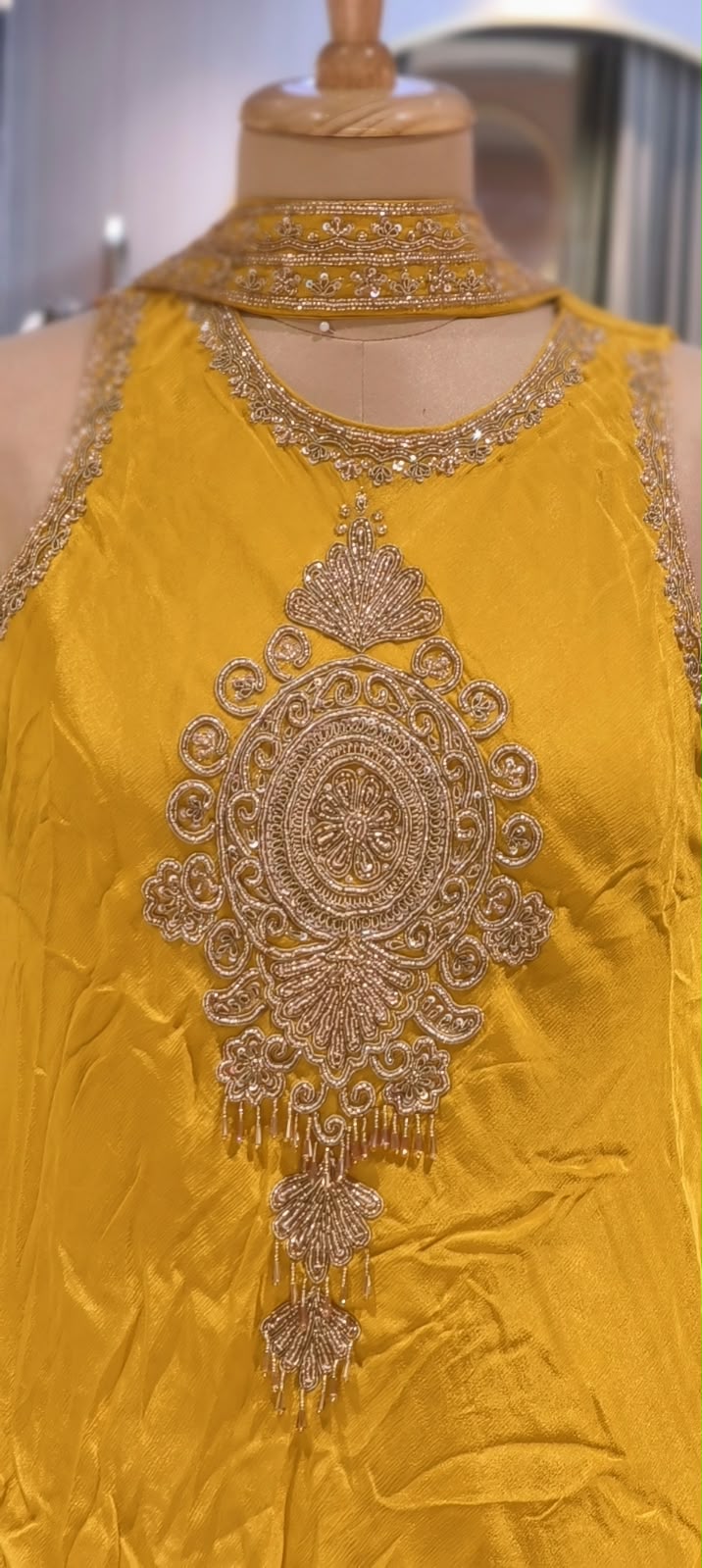 Fine Metallic Thread Embroidery Central Medallion Motif Sleeveless Chinon Indo-Wear Kurta With Matching Flared Bottom & Chowker Dupatta- 16635
