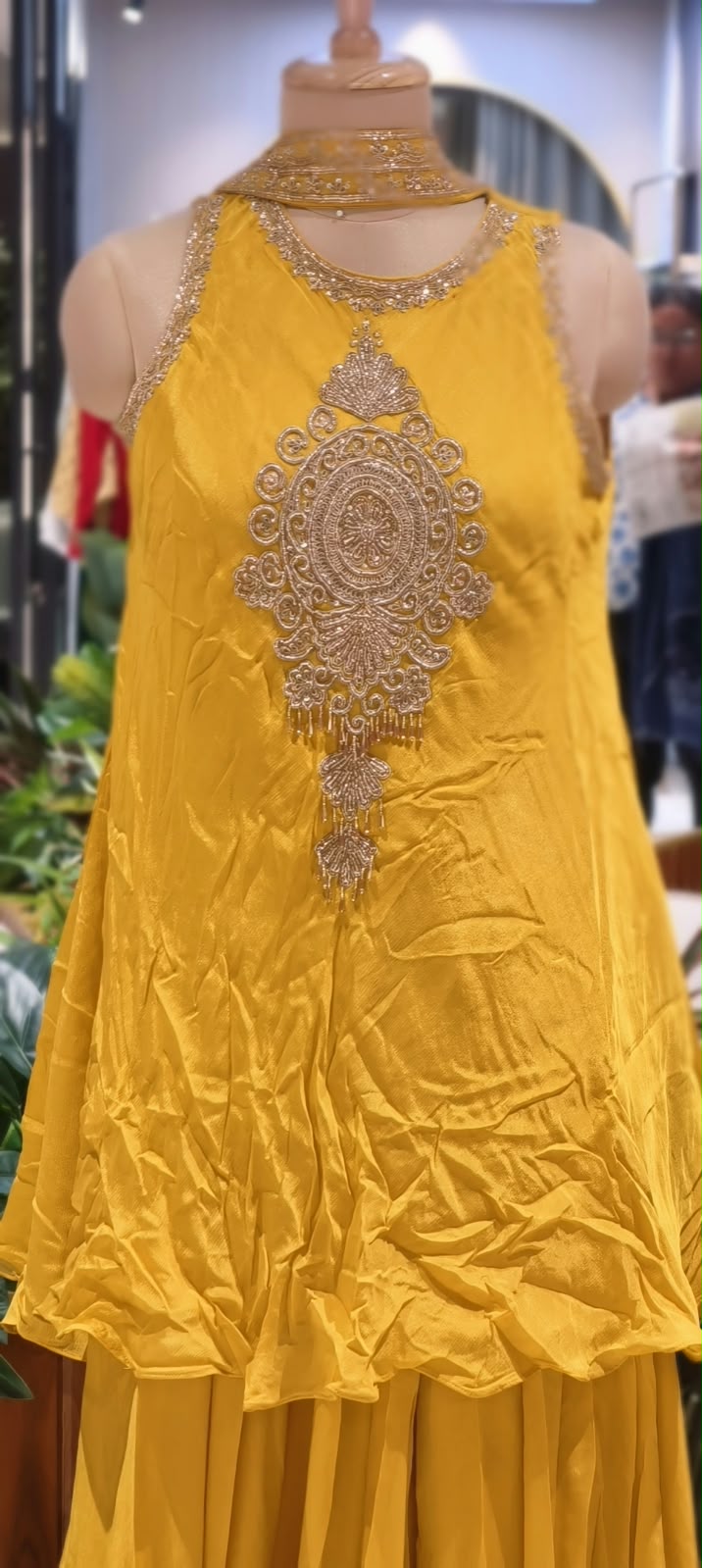 Fine Metallic Thread Embroidery Central Medallion Motif Sleeveless Chinon Indo-Wear Kurta With Matching Flared Bottom & Chowker Dupatta- 16635