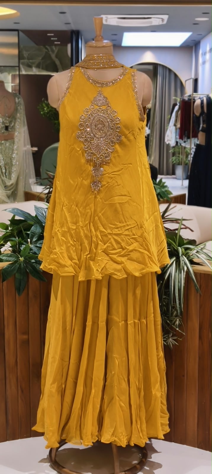 Fine Metallic Thread Embroidery Central Medallion Motif Sleeveless Chinon Indo-Wear Kurta With Matching Flared Bottom & Chowker Dupatta- 16635