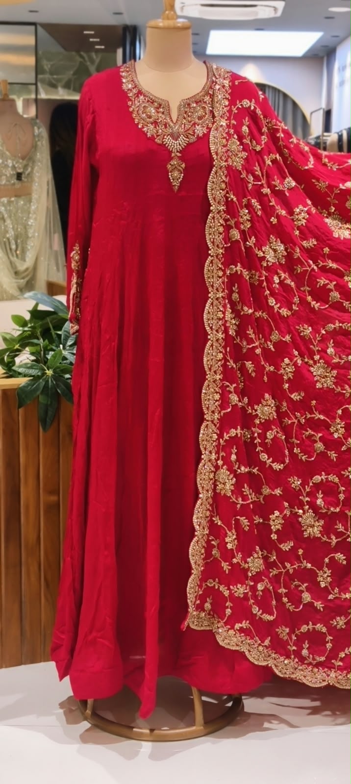 Traditional Gold Metallic Hand Embellished Chinon Panel Anarkali Suit With Dense Scalloped Cutwork Dupatta- 16617