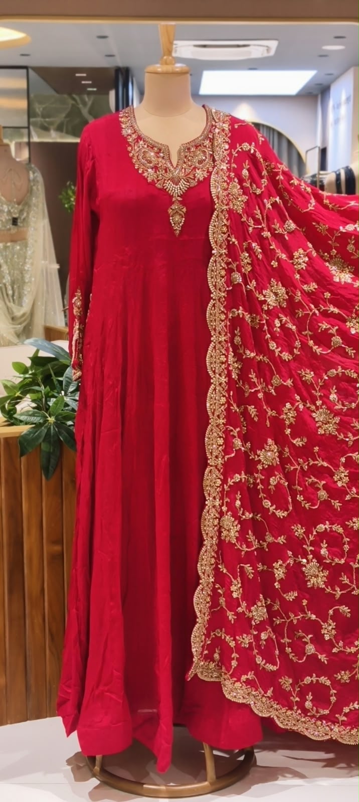Traditional Gold Metallic Hand Embellished Chinon Panel Anarkali Suit With Dense Scalloped Cutwork Dupatta- 16617