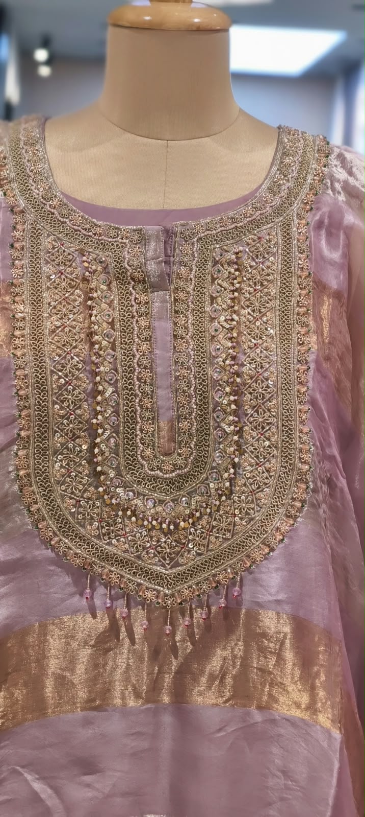 Pure Tissue Golden Metallic Striped Kaftan Set with Heavy Yoke Embroidery & Matching Bottom- 16625