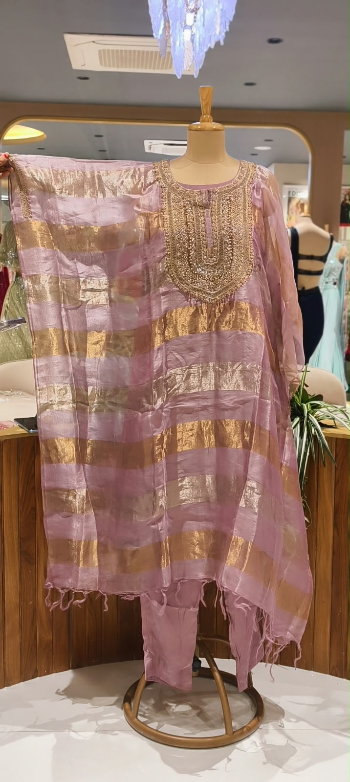Pure Tissue Golden Metallic Striped Kaftan Set with Heavy Yoke Embroidery & Matching Bottom- 16625