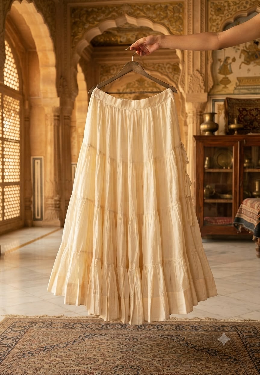Pure Cotton Multi Layered Flared Solid White Skirt With Side Tassles- 16607