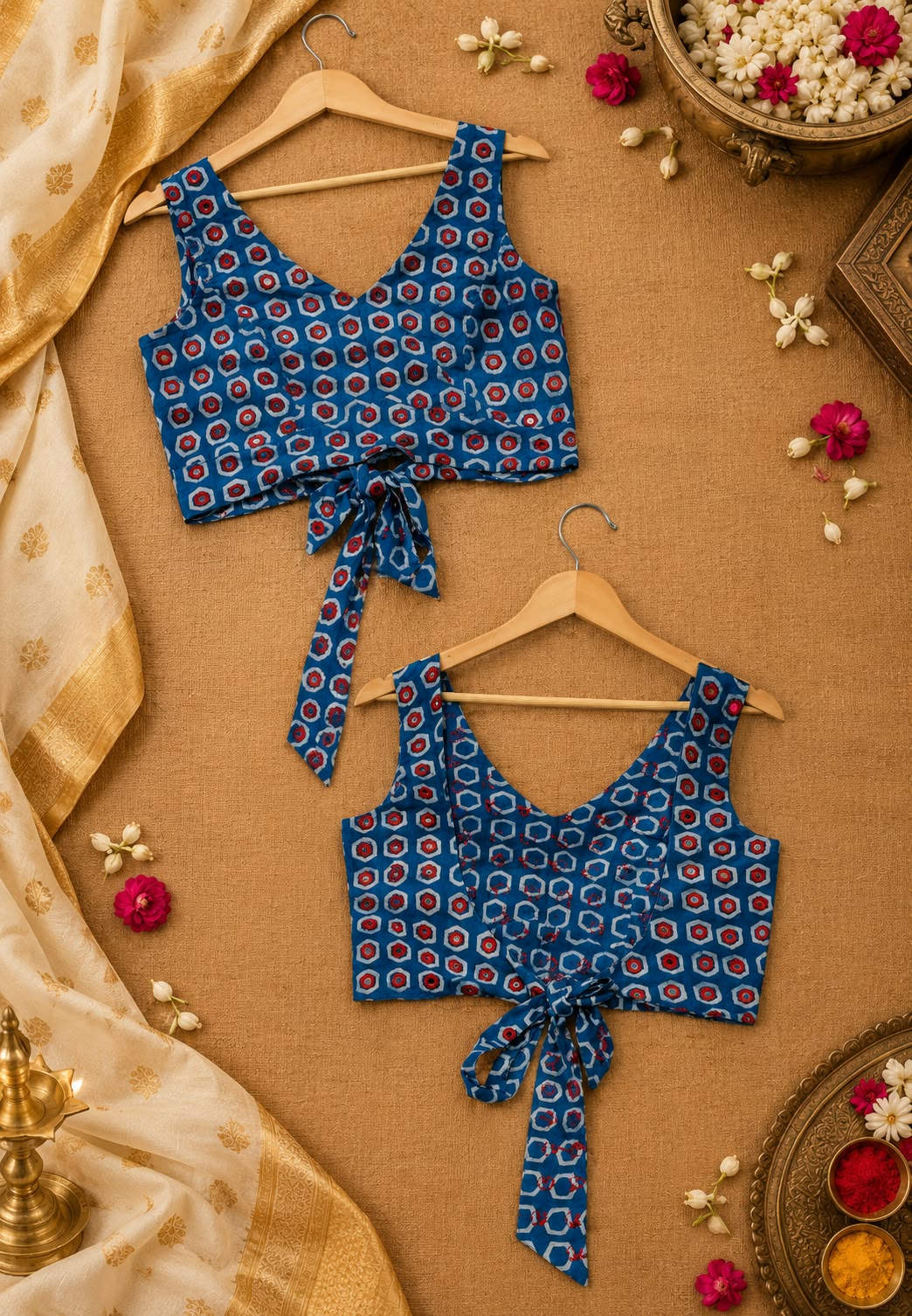 Premium Crop-Top With Traditional Print Real Mirror Work Detailing & Back Knotted Accent- 16615